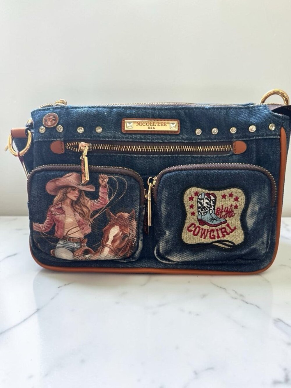 Nicole Lee USA Denim Cowgirl Crossbody Shoulder Bag Western Horse Studded